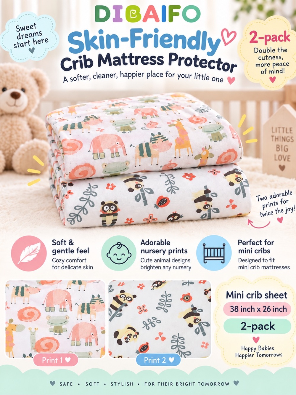 Diba 2-Pack Crib Mattress Protectors in Pink & White with Animal Prints